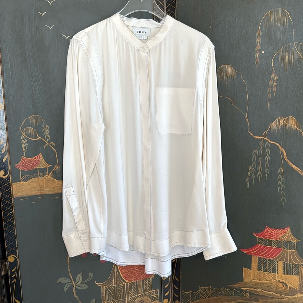 DKNY silk button-down shirt with black stitching, trim size large